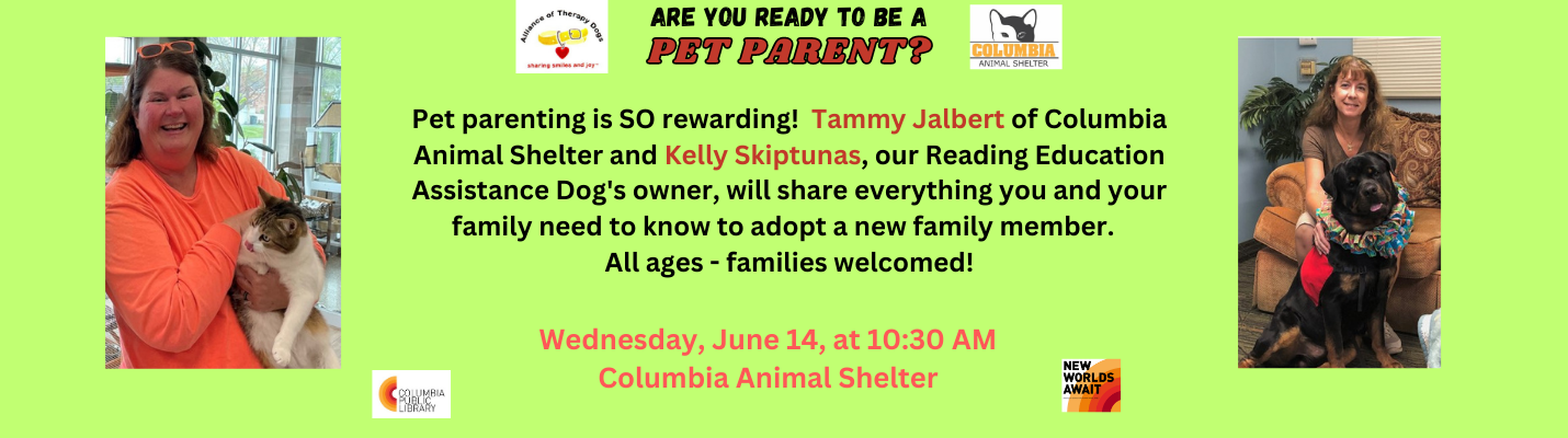 Are you Ready to be a pet parent flyer. With Tammy (orange shirt) holding a cat and Kelly with her dog Jager. 